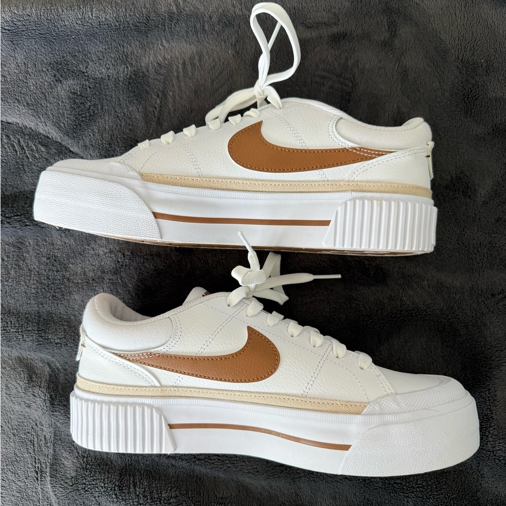 Nike White and Brown Platform Sneakers with Chunky Sole